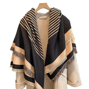 Black and beige striped cashmere-like shawl with long tassels for winter warmth