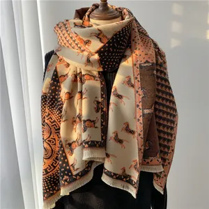 Winter wool horse pattern scarf, warm double-sided thickened beige shawl with tassels