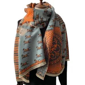 Winter reversible horse pattern wool shawl scarf with tassels in orange and navy