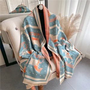 Vintage Horse Carriage Pattern Imitation Cashmere Scarf For Women Thickened Warm Double Sided Tassel Shawl Wrap