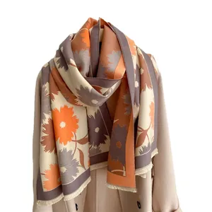 Écharpe d'hiver épaisse réversible avec motif de tournesol et franges orange et brun