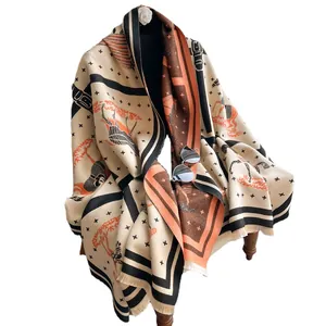 Carriage print thick cashmere-like shawl with fringe tassels in beige and orange