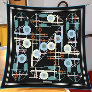 Close-up of oil painting silk scarf featuring blue borders and intricate harness patterns
