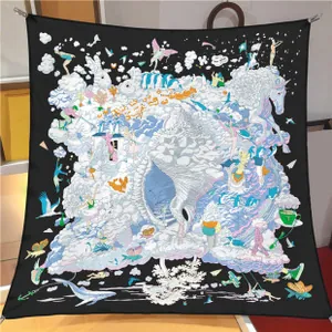 Detail of premium silk scarf featuring intricate blue and white mythical illustrations