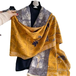 Dual-sided yellow and grey porcelain floral scarf with elegant fringe detail