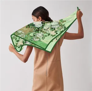 Detailed back view of Van Gogh Roses silk scarf showing the large floral art print