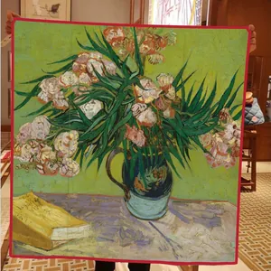 Artistic Van Gogh Oleanders oil painting silk scarf with elegant red hand-rolled edges