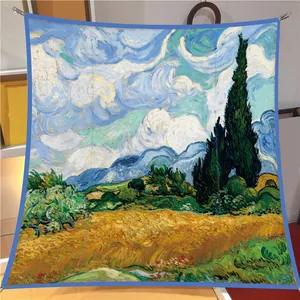 Zijden sjaal met Van Gogh's Korenveld-print en handgerolde randen voor dames