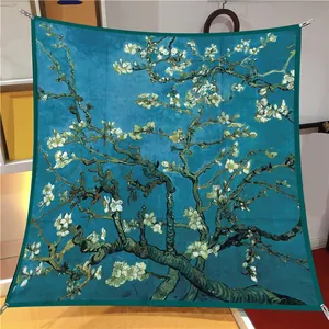 Artistic Van Gogh Almond Blossom print silk scarf in deep blue with elegant floral design