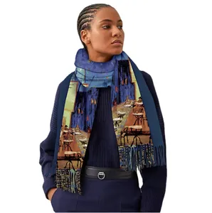 Exotic oil painting style cashmere-like scarf with starry night print and fringe