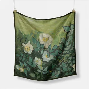 Detail of artistic floral oil painting print on premium square silk scarf with rolled edges