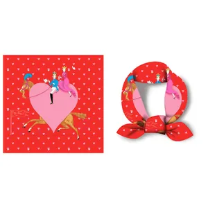 Women Satin Square Scarf Small Neck Scarf Sweet Heart Horse Oil Painting Print Silk Feel Hair Band Decorative Neckwear Wrap