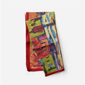 Detail view of Van Gogh style oil painting silk scarf with vibrant colors and red borders