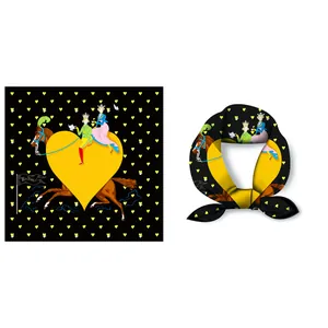 Black 53cm square silk scarf with yellow heart and Tea Time illustration pattern