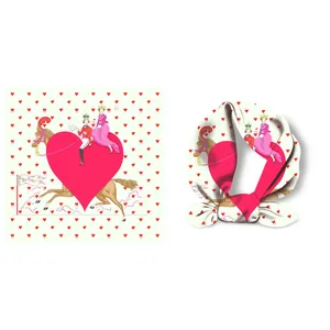 Silk-feel square scarf with red hearts and royal tea time illustration in cream base
