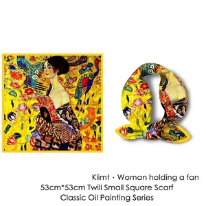 Gustav Klimt Lady with a Fan 53cm silk scarf in yellow artistic square twill neckerchief