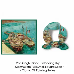 53cm Van Gogh The Barges oil painting art print twill silk square scarf for women