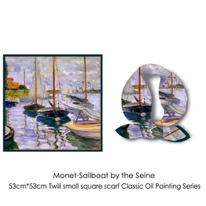 Carré de soie 53cm série Monet avec voiliers au bord de la Seine pour femme