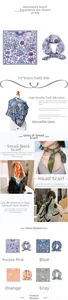 Detail of 53x53cm silk-like scarf featuring vintage floral and heraldic prints in four colors