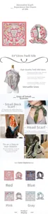 Detailed size chart and multi-color silk scarves featuring elegant vintage patterns