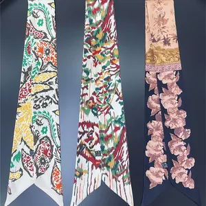 Vintage French Satin Narrow Long Scarf For Women Retro Floral Print Twilly Ribbon For Hair Handbag Handle Tie Headband Accessory