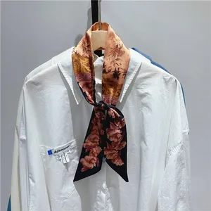 Vintage French floral skinny silk scarf tied on a shirt collar for styling