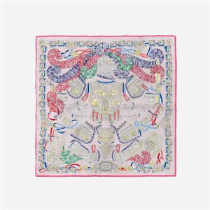 Macro detail of medieval armor and feather print on elegant pink silk square scarf