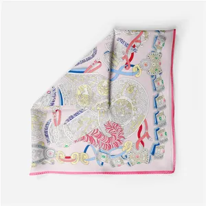 Close-up of pink silk scarf detailing horse harness prints and hand-rolled magenta edges