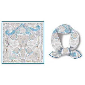 Elegant silk scarf with classical knight motifs, flat view and folded style on white background