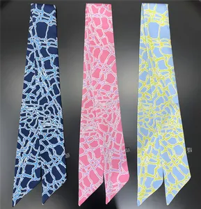 Women French Style Satin Narrow Scarf Abstract Geometric Print Twilly Hair Ribbon Neck Scarf Bag Handle Accessories