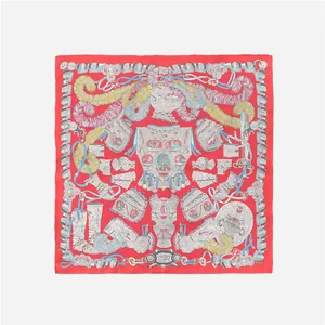 Flat lay of square silk scarf with medieval knight armor and red border print