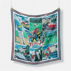 Pañuelo cuadrado de seda de 53cm con diseño artístico de cómic y escenas deportivas