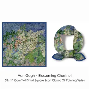 Van Gogh Chestnut Tree silk square scarf in 53x53cm size with navy blue border