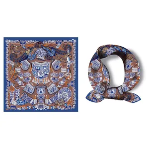 Ethnic style silk square scarf with vintage equestrian print for hair and handbag decoration