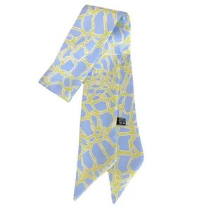 Blue and yellow abstract pattern narrow silk twill scarf for hair and neck styling