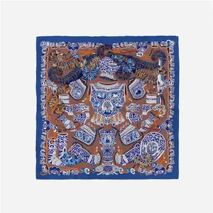 Detailed pattern of a medieval knight armor silk scarf in royal blue and cocoa brown