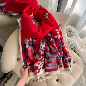Elegant red butterfly floral print shawl with fringes made of thick warm cashmere-like fabric