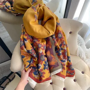 Elegant thick cashmere-like scarf with sunflower and butterfly prints and fringes