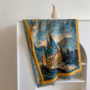 Gewebte Decke im Kunststil mit Sternennacht-Schloss und eleganten Fransen am Rand