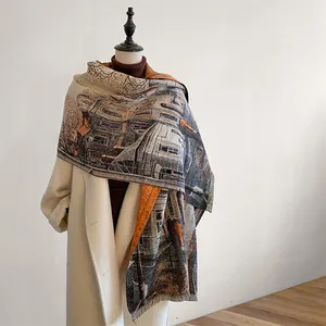 Ethnic retro architecture print winter shawl with tassels on beige wool coat
