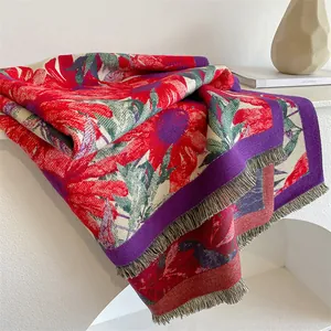 Ethnic retro floral shawl with purple tassels and thick woven texture for women