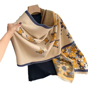 Elegant floral butterfly print scarf in beige and yellow with fringe for women