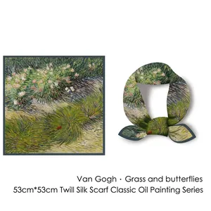 53cm Van Gogh Grass and Butterflies printed silk scarf with artistic oil painting pattern