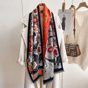 Detail view of retro newspaper print shawl with fringe trim on white coat