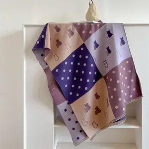 Women Color Block Scarf Cute Cat Polka Dot Pattern Imitation Cashmere Warm Shawl Wrap With Tassels Fashion Winter Accessory