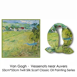 Van Gogh Oil Painting Auvers Landscape Print Square Scarf Satin Polyester Silk Feel Neckerchief Artistic Fashion Headscarf Women Accessories