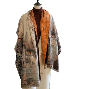 Ethnic oil painting shawl with vintage architecture print and tassel fringe details
