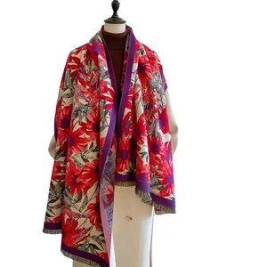 Ethnic style long shawl with vintage floral patterns and tassels for women's winter wear