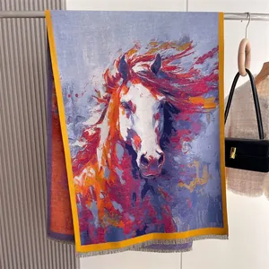 Artistic oil painting horse print thick cashmere shawl scarf with tassels for winter