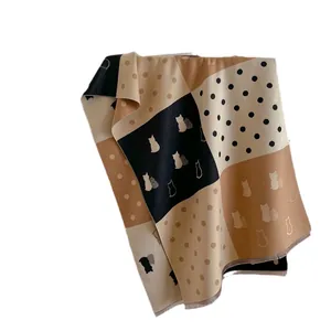 Patchwork cashmere scarf with cute cat silhouette, polka dots and fringe edges
